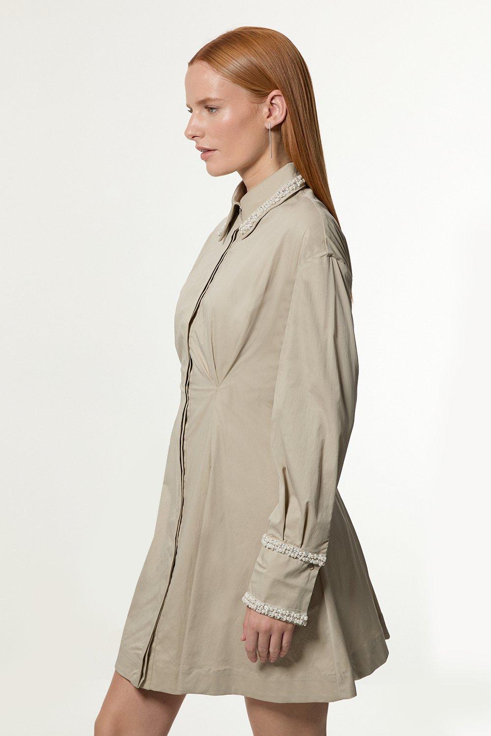 Techno Cotton Woven Short Shirt Dress With Gold Clasp