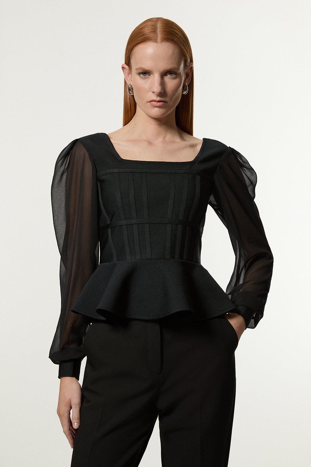Trimmed Waist Peplum Bandage Knit Detail Top | Karen Millen
