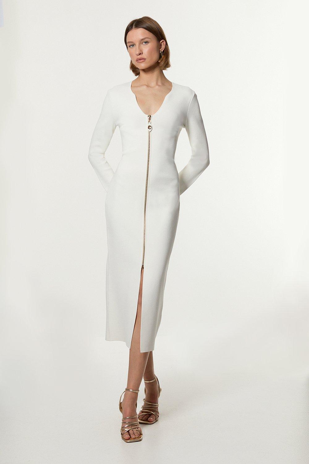 Figure Form Bandage Knit Embellished One Shoulder Midaxi