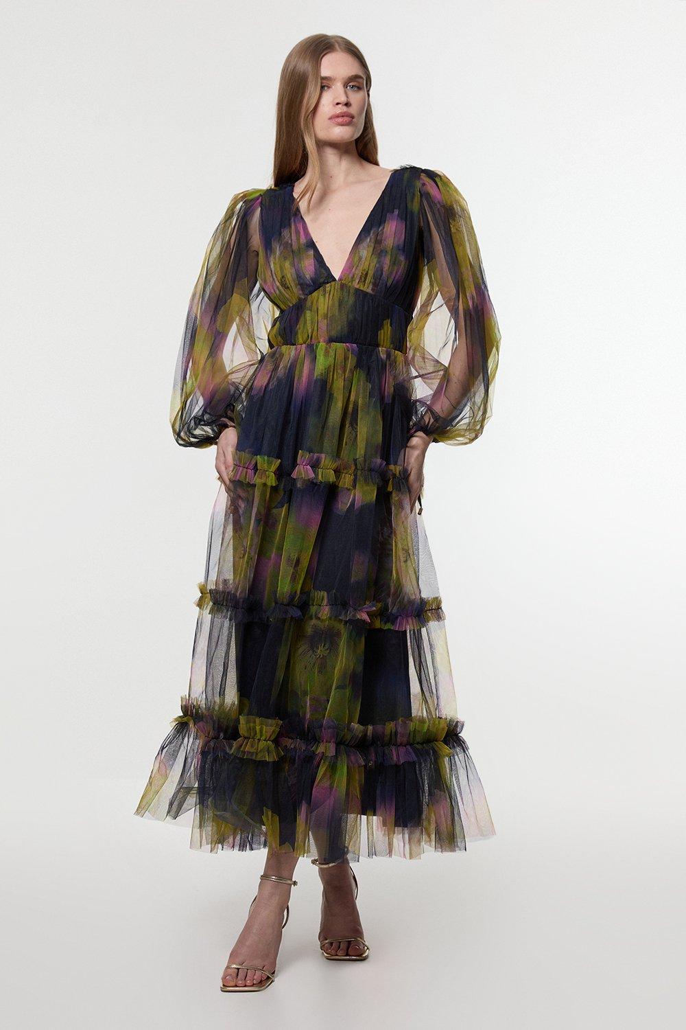 Abstract Floral Satin Woven Halter Midi Dress | Karen Millen
