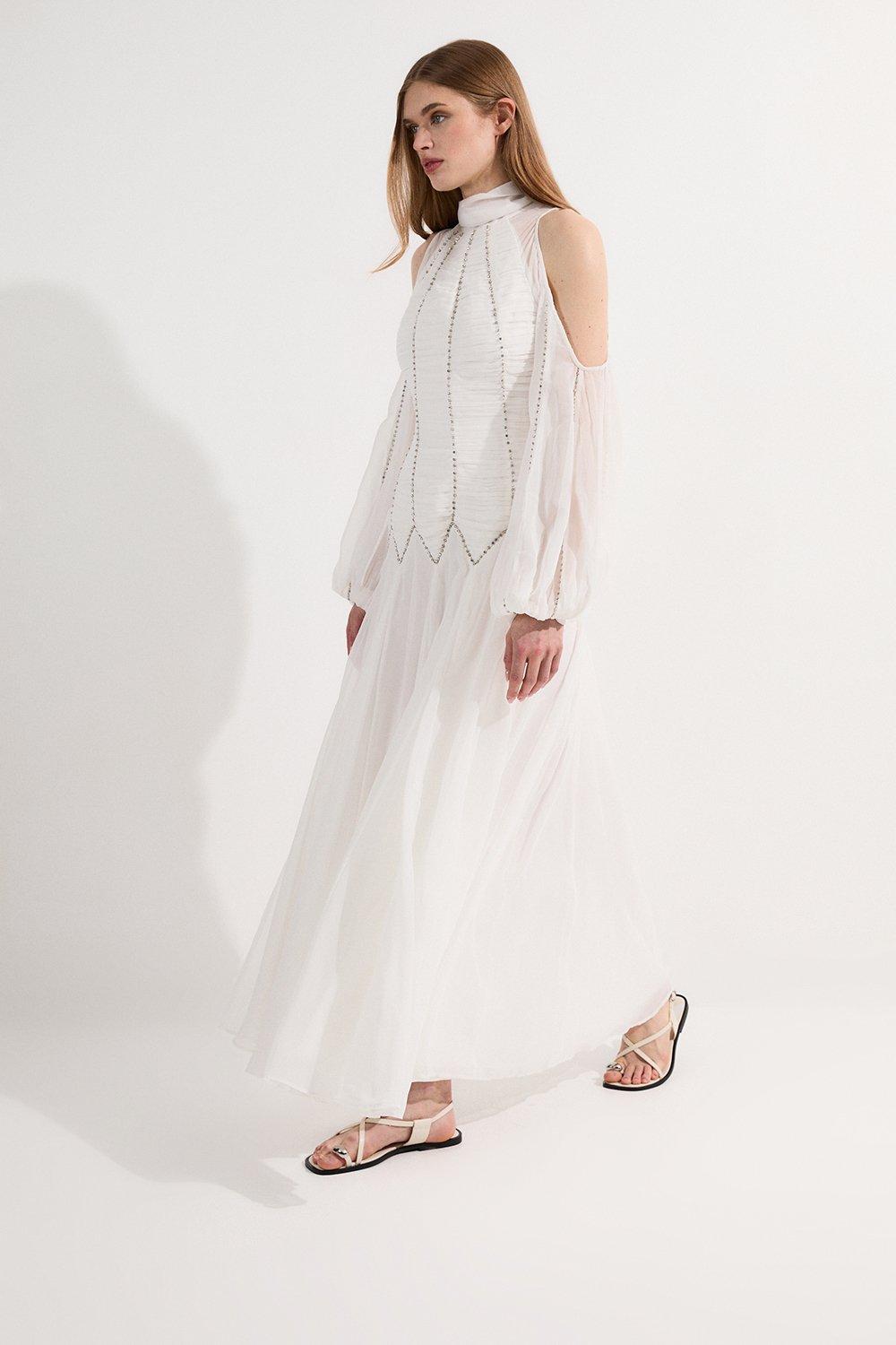 Premium Metallic Ruched One Shoulder Woven Maxi Dress