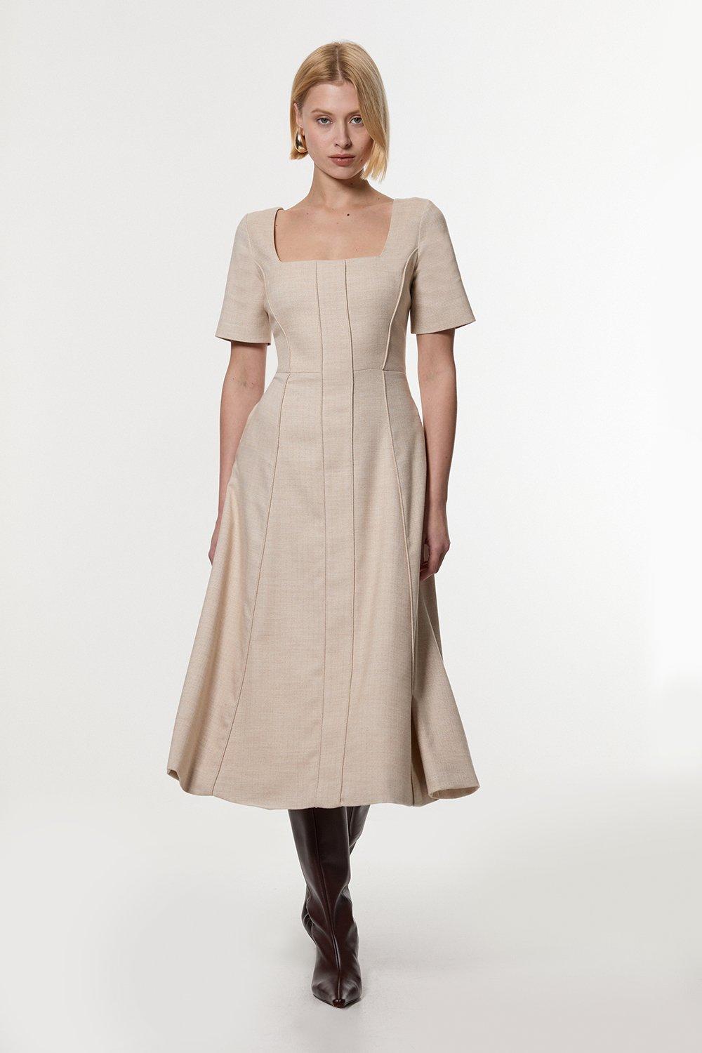 Melange Double Breasted Belted Tipped Tailored Midi Dress