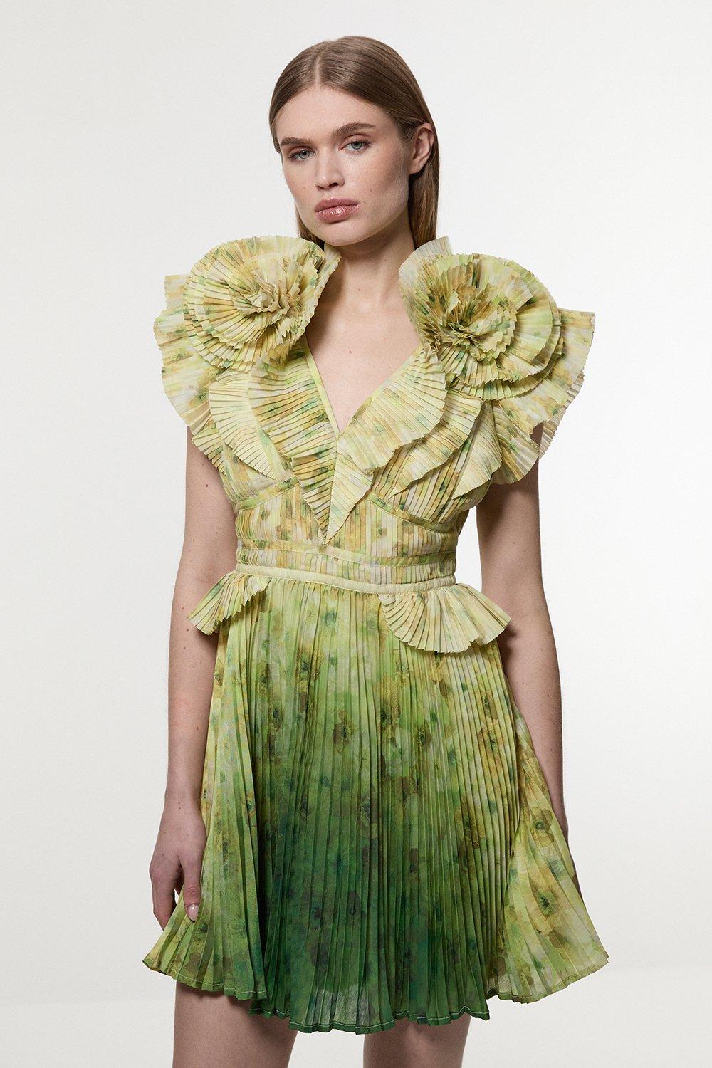 Karen Millen：フローラル タイネック プリーツドレス Lydia Millen Floral Jacquard Panelled Puff Sleeve Woven Mini