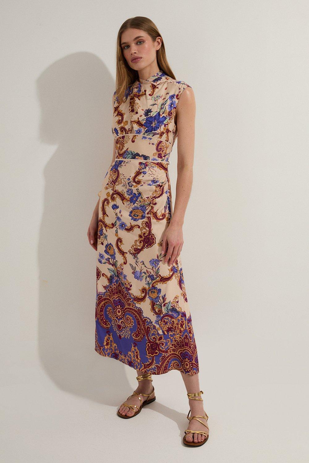 Karen Millen：アシンメトリーミモレ丈ワンピース Petite Abstract Print Viscose Satin Batwing Long Sleeve Midi