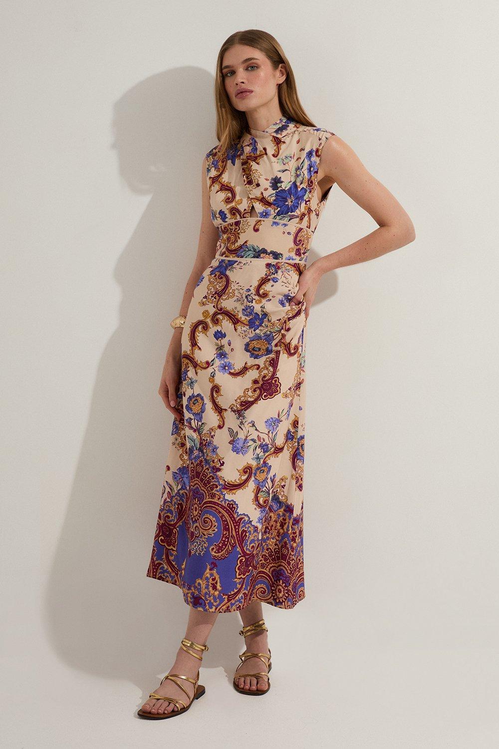 Abstract Floral Georgette Belted Pleated Woven Midi Dress Abstract Floral Georgette Belted Pleated Woven Midi Dress