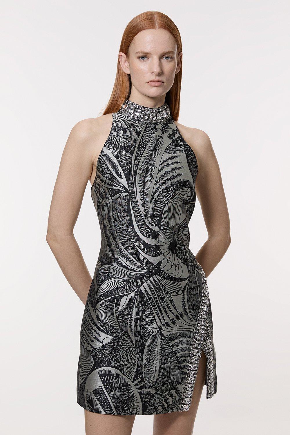 Viscose Metallic Thread Beaded Strappy Woven Mini Dress