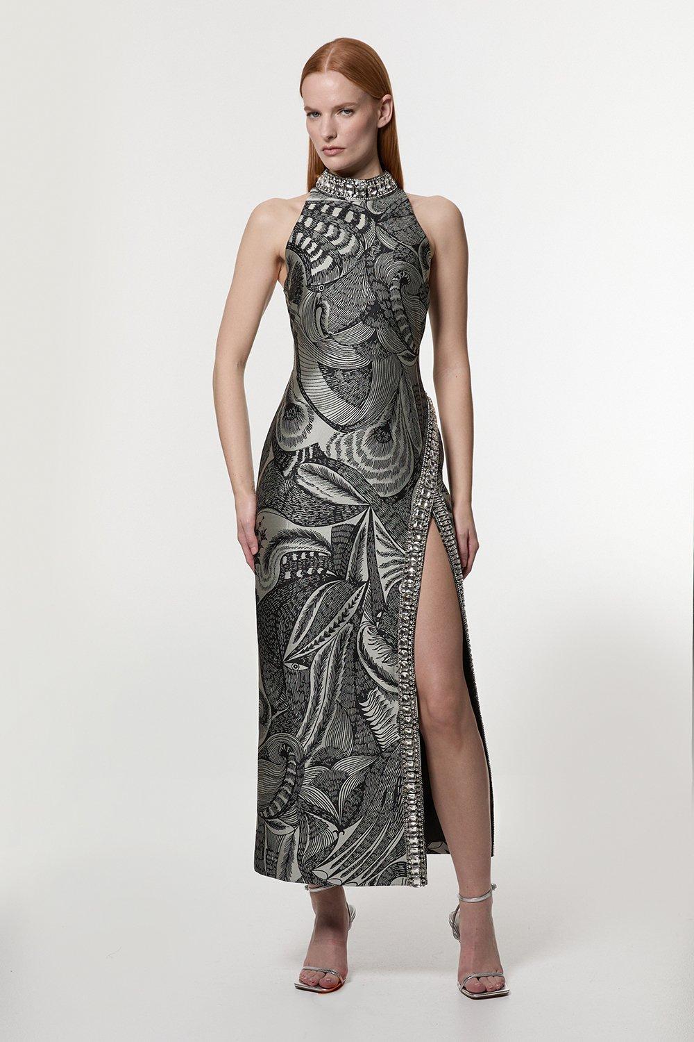 Petite Slinky Mirrored Floral Jacquard Knit Dress | Karen Millen