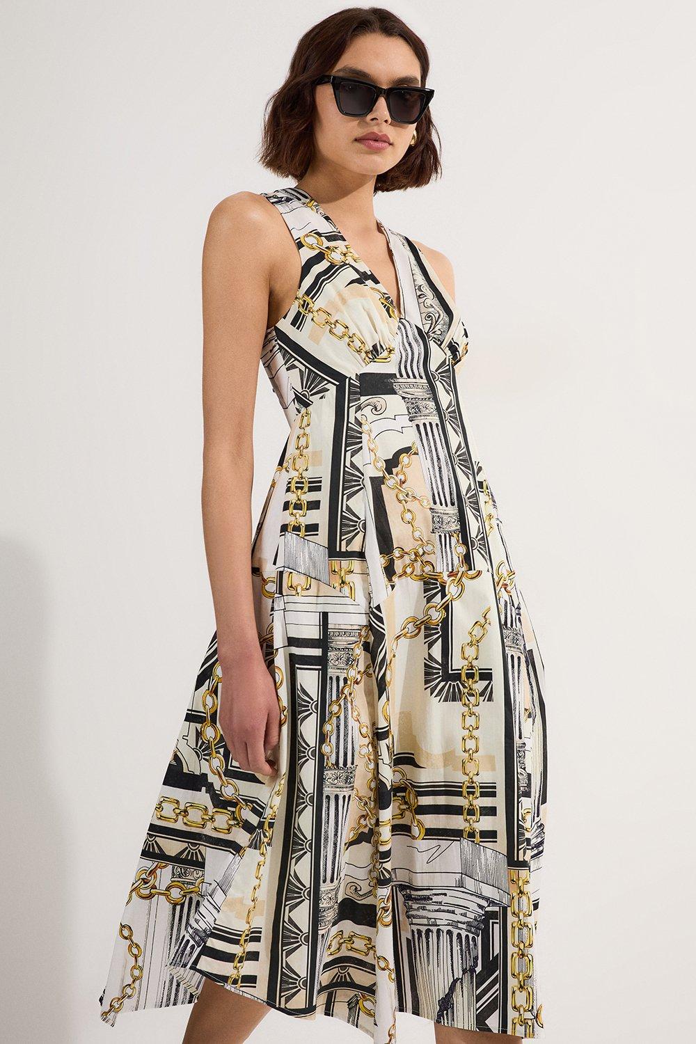 Karen Millen：アシンメトリーミモレ丈ワンピース Petite Abstract Print Viscose Satin Batwing Long Sleeve Midi