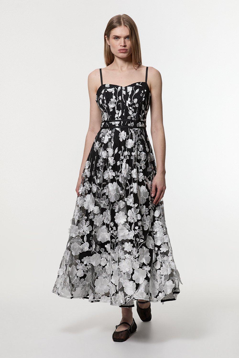 Karen Millen☆カラーブロックパネル テーラード ミディドレス♪ Cascading Floral Pleated Woven Maxi Dress | Karen Millen