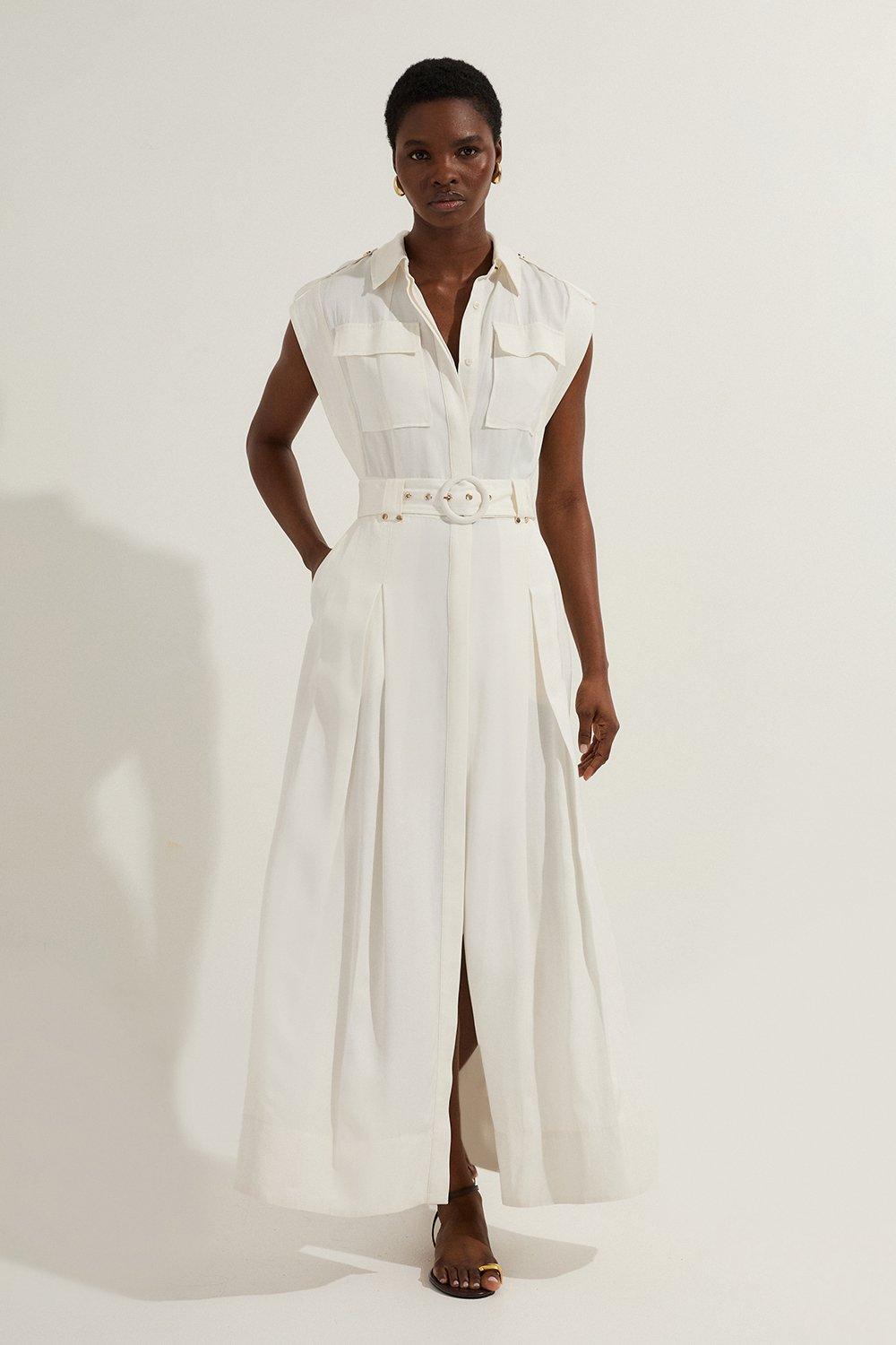 Petite Viscose Linen Woven Tiered Halter Maxi Dress | Karen