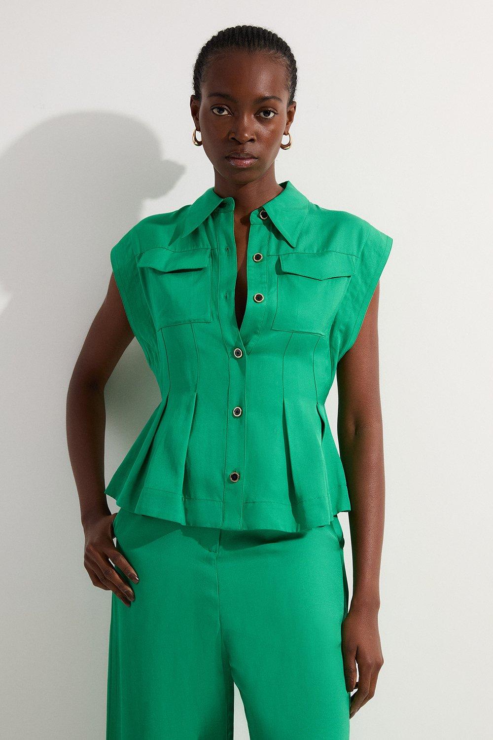 Metallic Viscose Georgette Woven V Neck Blouse | Karen Millen