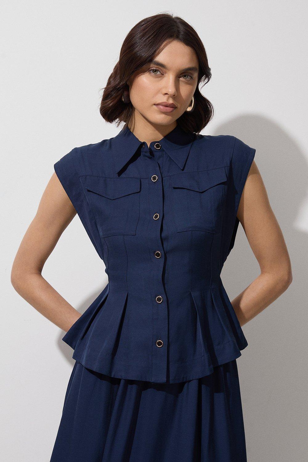 Georgette Draped Front High Neck Woven Blouse | Karen Millen
