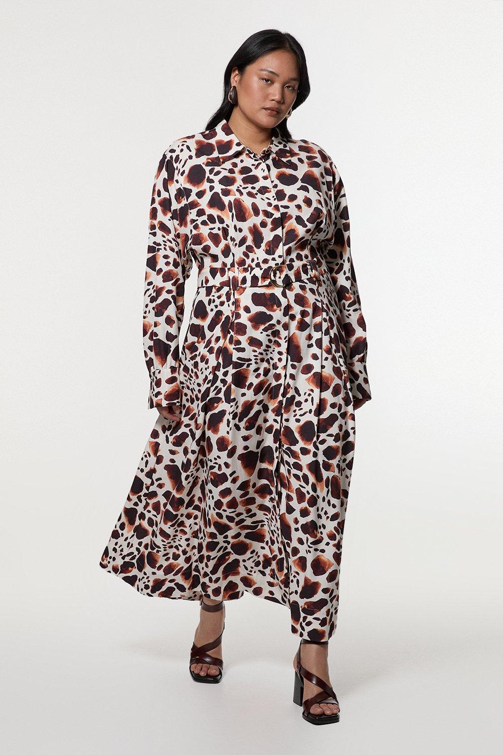 Animal Print Belted Premium Linen Woven Midi Dress | Karen