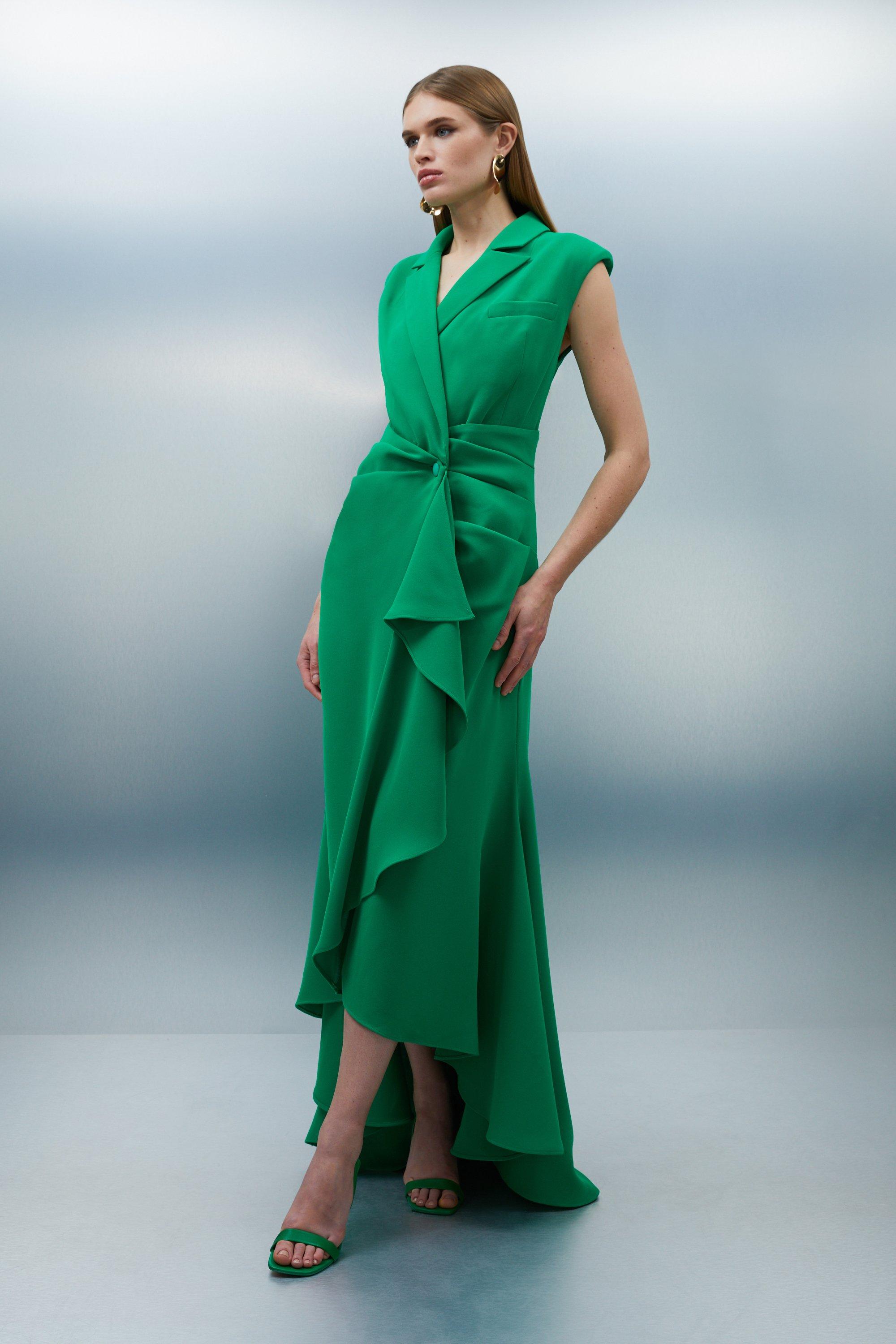 Tailored Satin Back Crepe Tie Neck Contrast Panel Maxi Dress