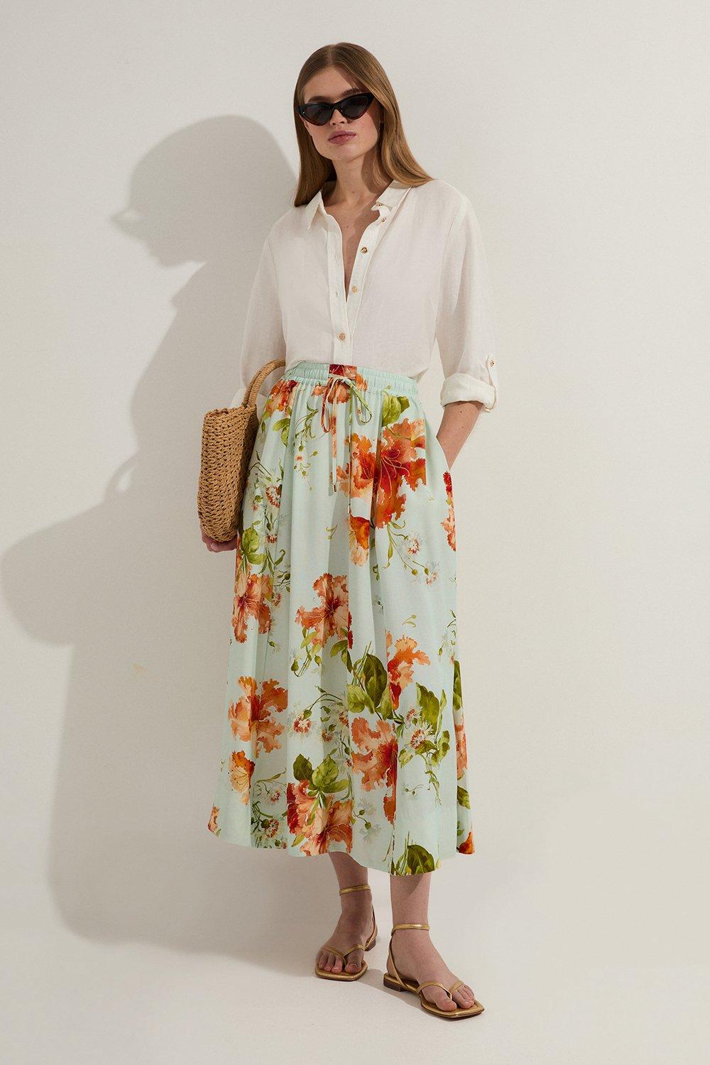 ★Karen Millen★ プレミアム コットン フルマキシスカート Premium Linen Viscose Fluid Tailored Maxi Full Skirt | Karen