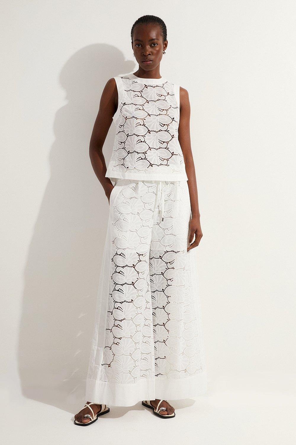 Cotton Eyelet Wrap Top And Wide Leg Pants Two-Piece | Karen