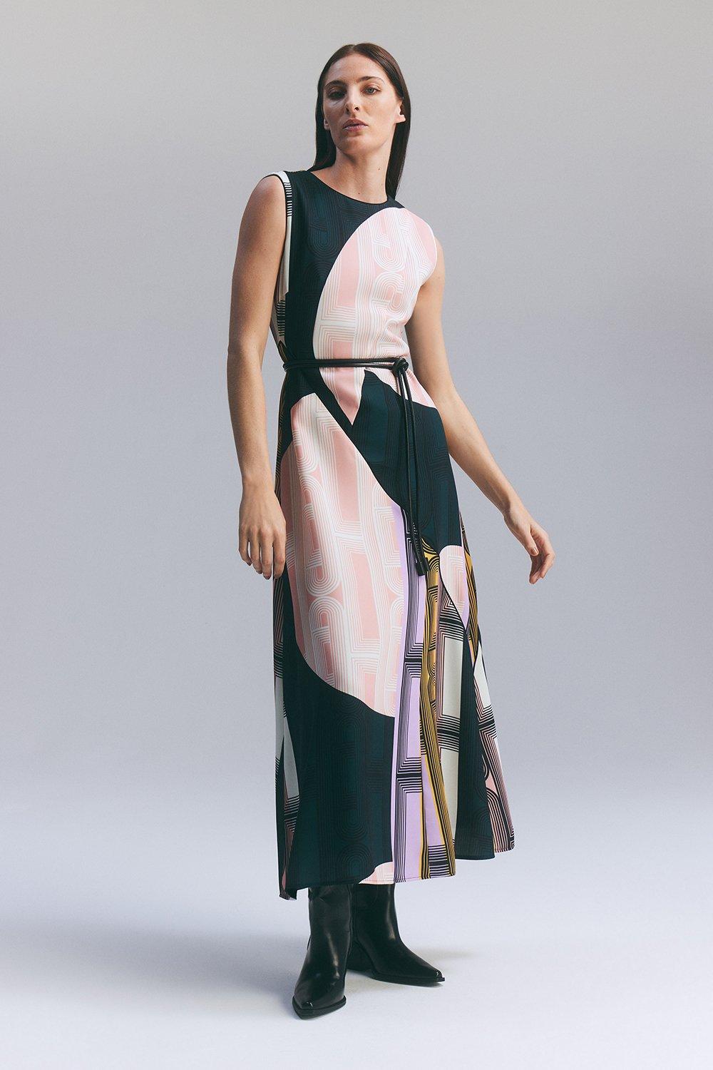 Crystal Embellished Crinkle Feather Printed Woven Maxi Dress