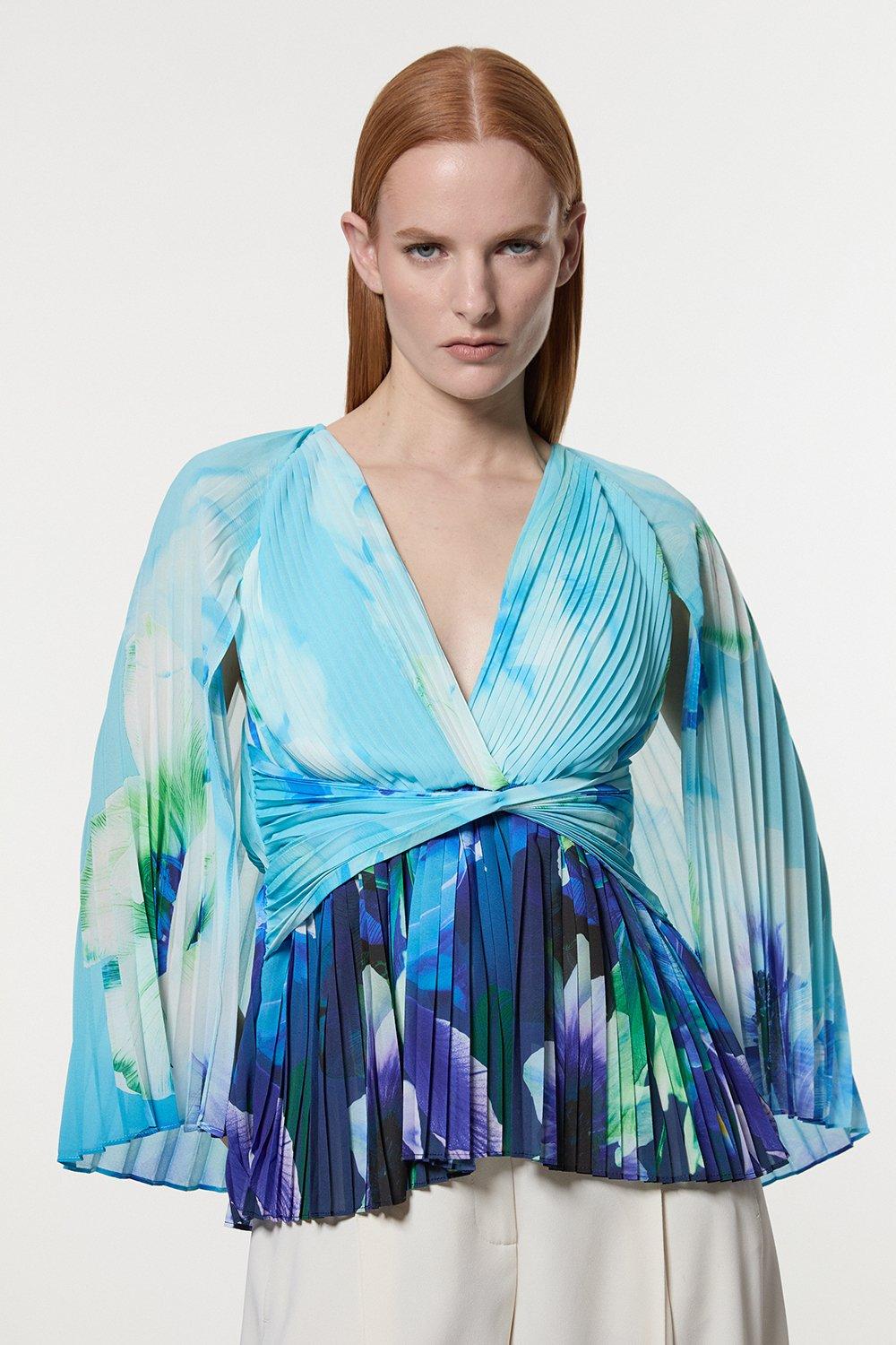 Plus Size Pleated Cape Sleeve Plunge Neck Top | Karen Millen