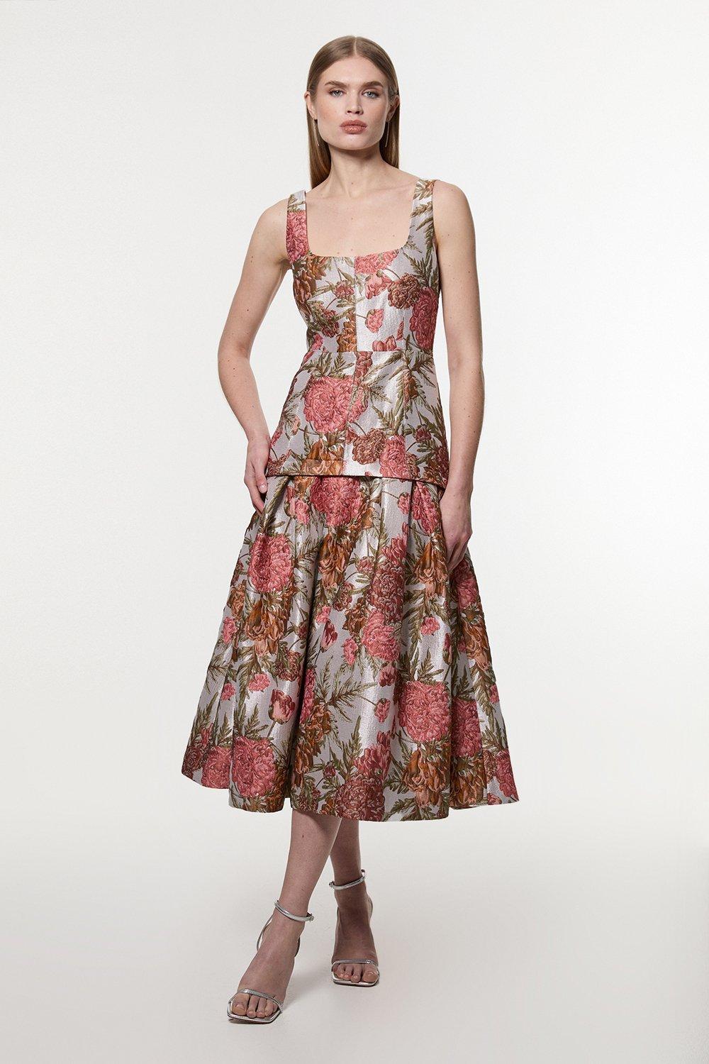 Karen Millenプチコットンチェーンホルター織りマキシドレス Petite Trailing Floral Woven Plunge Maxi Dress | Karen Millen