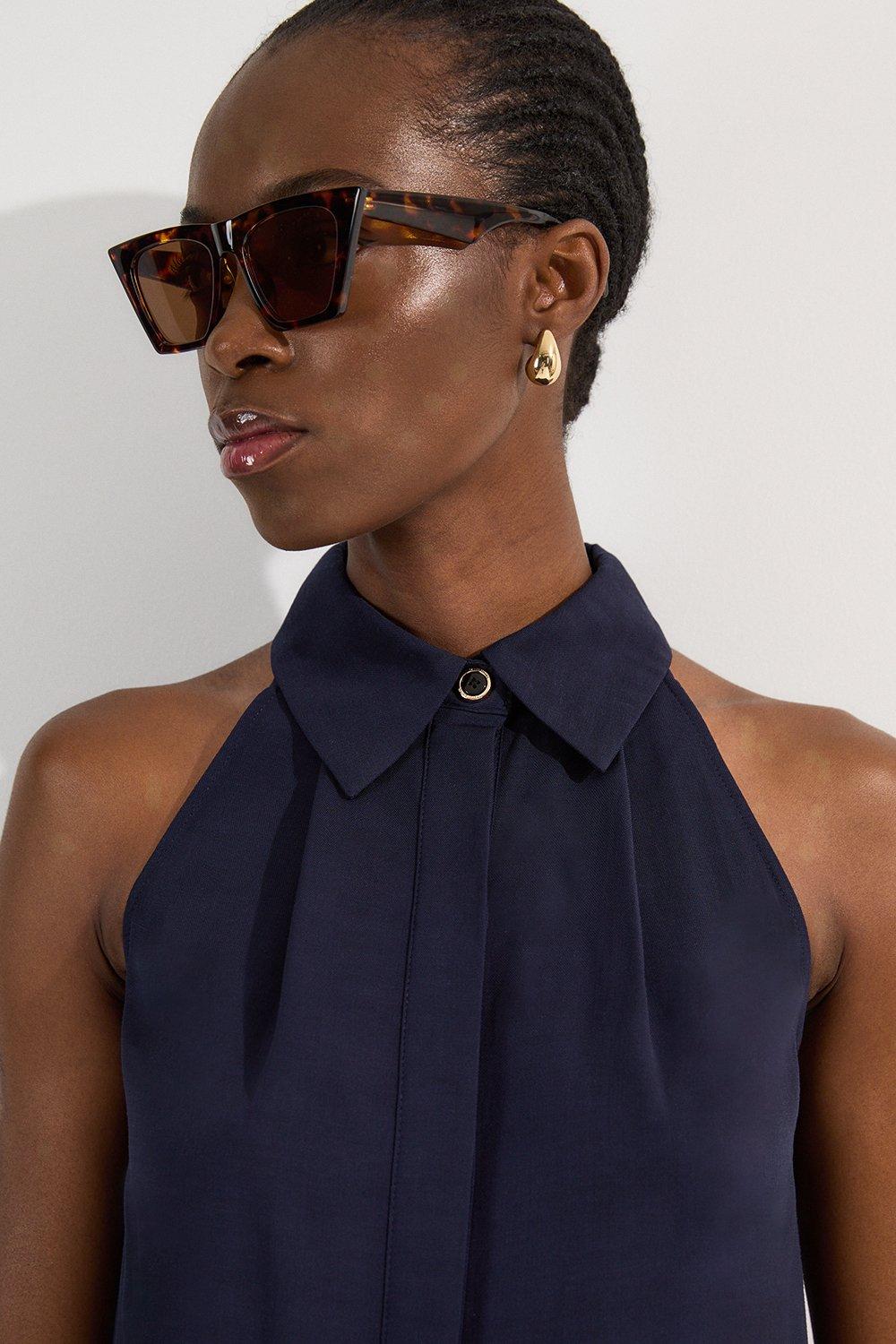 KAREN MILLEN 日本未入荷 タイ 襟 カットワーク 半袖 ポケット Cutwork Twill Button Through Woven Shirt | Karen Millen