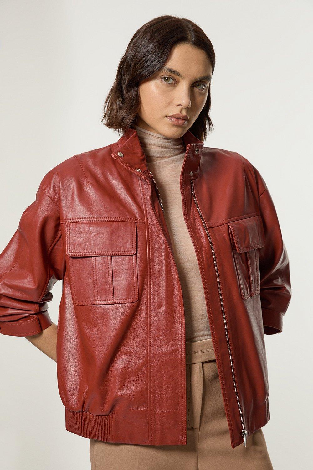 Washed Leather Zip Back Bomber Jacket | Karen Millen Washed Leather Zip Back Bomber Jacket | Karen Millen