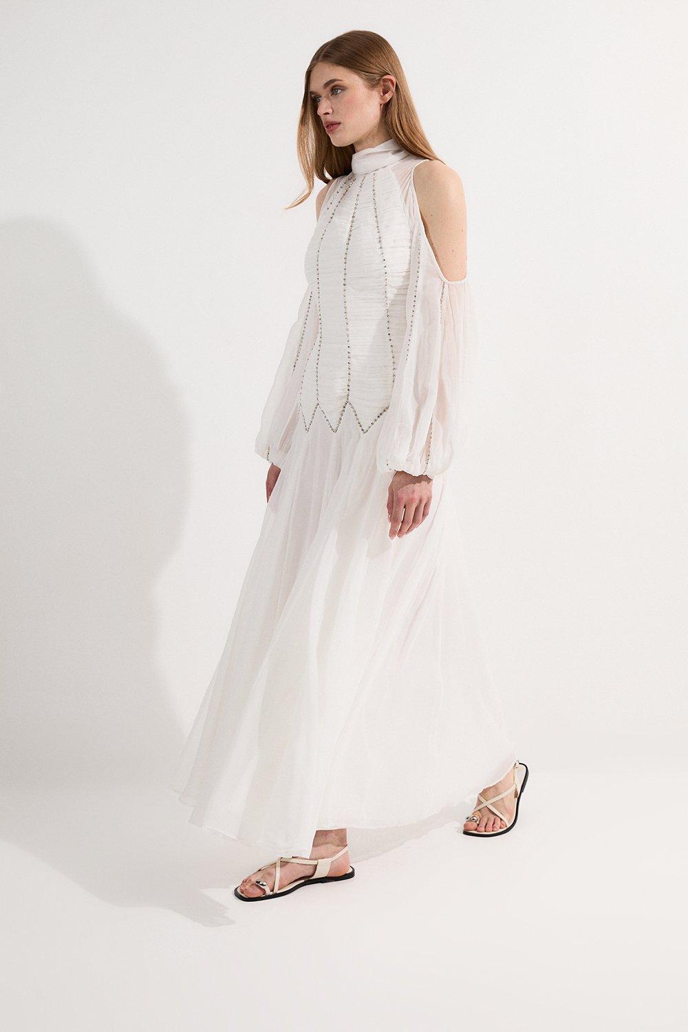 Structured Crepe Jacquard Ruffle Off The Shoulder Maxi Dress Structured Crepe Jacquard Ruffle Off The Shoulder Maxi Dress
