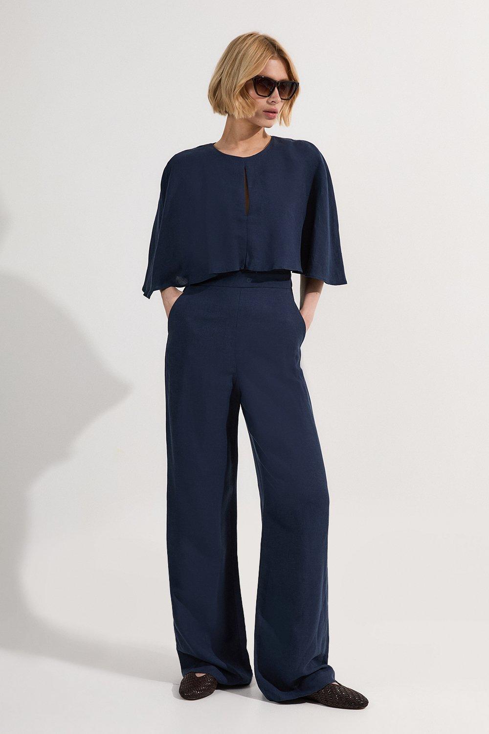 Cotton Top Stitch Pleated Jumpsuit | Karen Millen