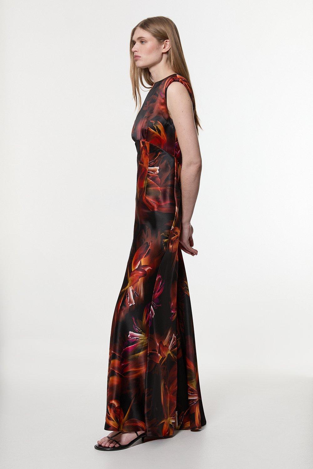 Plus Size Ooto Floral Heavy Satin Woven One Shoulder Maxi