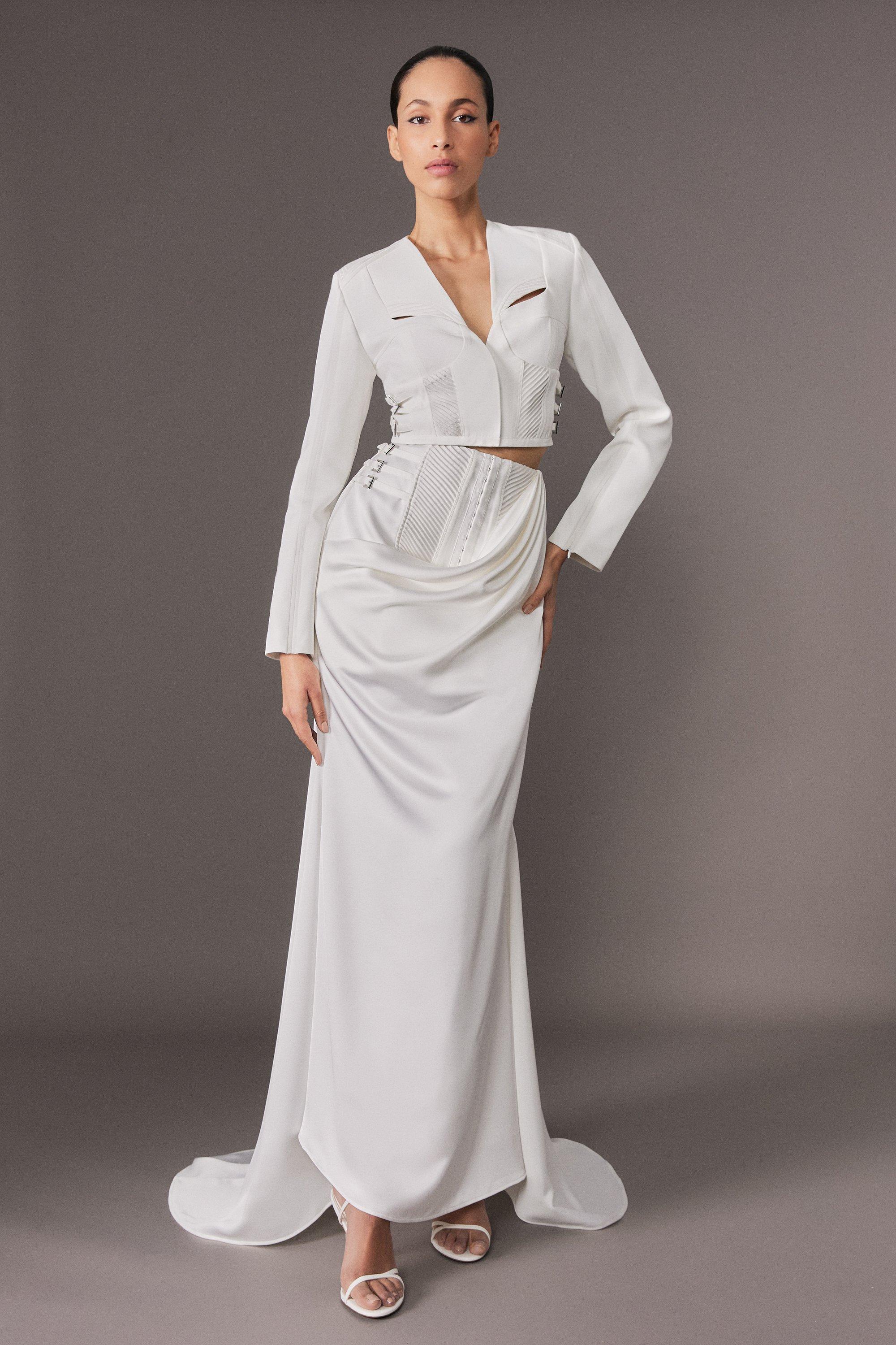 KAREN MILLEN マキシコート フレア ボタン ロング丈 ホワイト Wool Blend Crystal Embellished Notch Neck Belted Maxi Coat