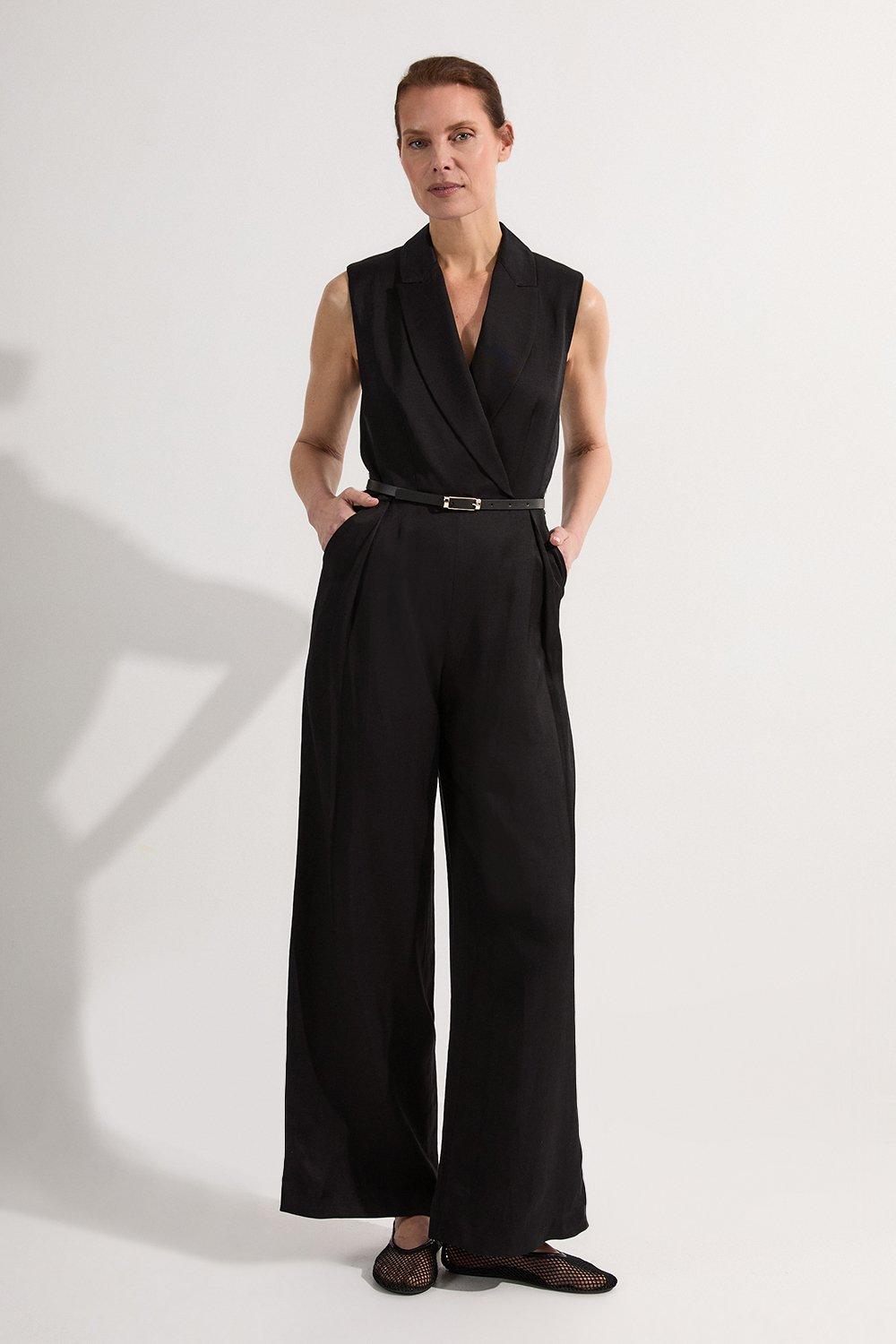 KAREN MILLEN ハイネックタイト ビジュー クレープ素材 ロング Plus Size Soft Tailored Crepe Tab Detail Pleated Jumpsuit