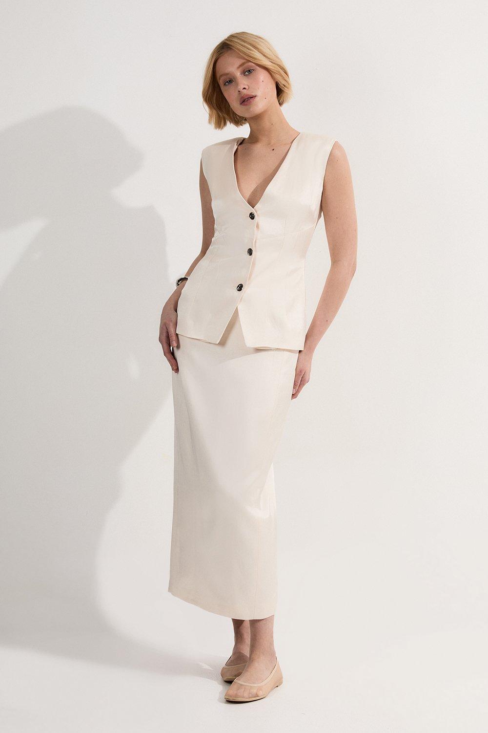 I*U様 新品✨マイラン　Shine Linen V Neck Dress グリ Premium Linen V Neck Wrap Detail Woven Midi Dress | Karen Millen