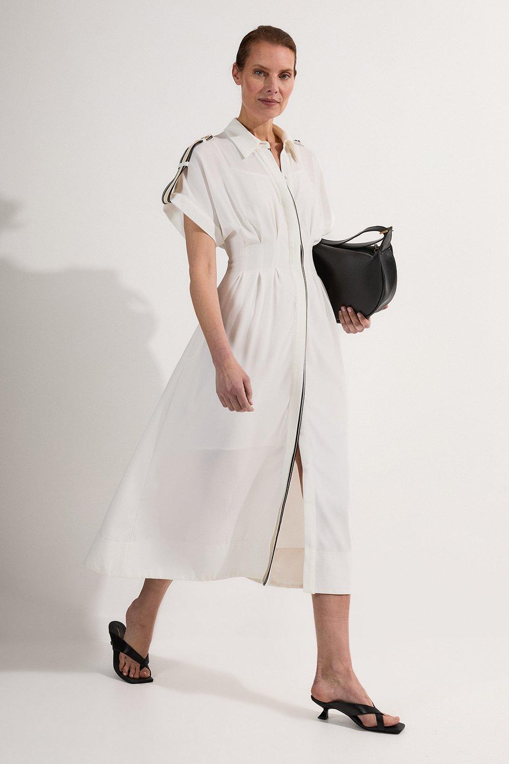 Petite Premium Tailored Linen Notch Neck Belted Midaxi Dress