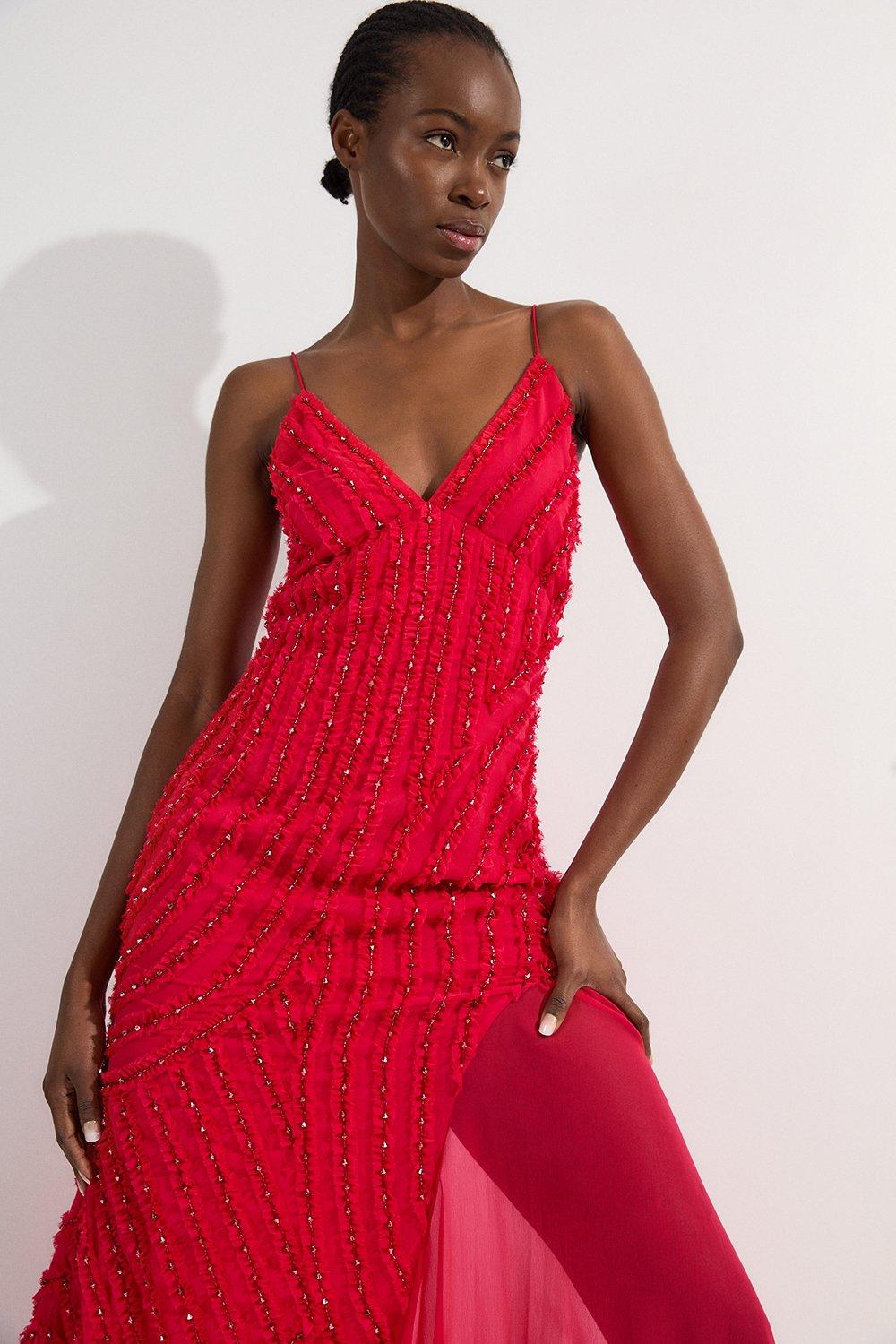 Crystal Embellished Woven Thigh Split Maxi | Karen Millen