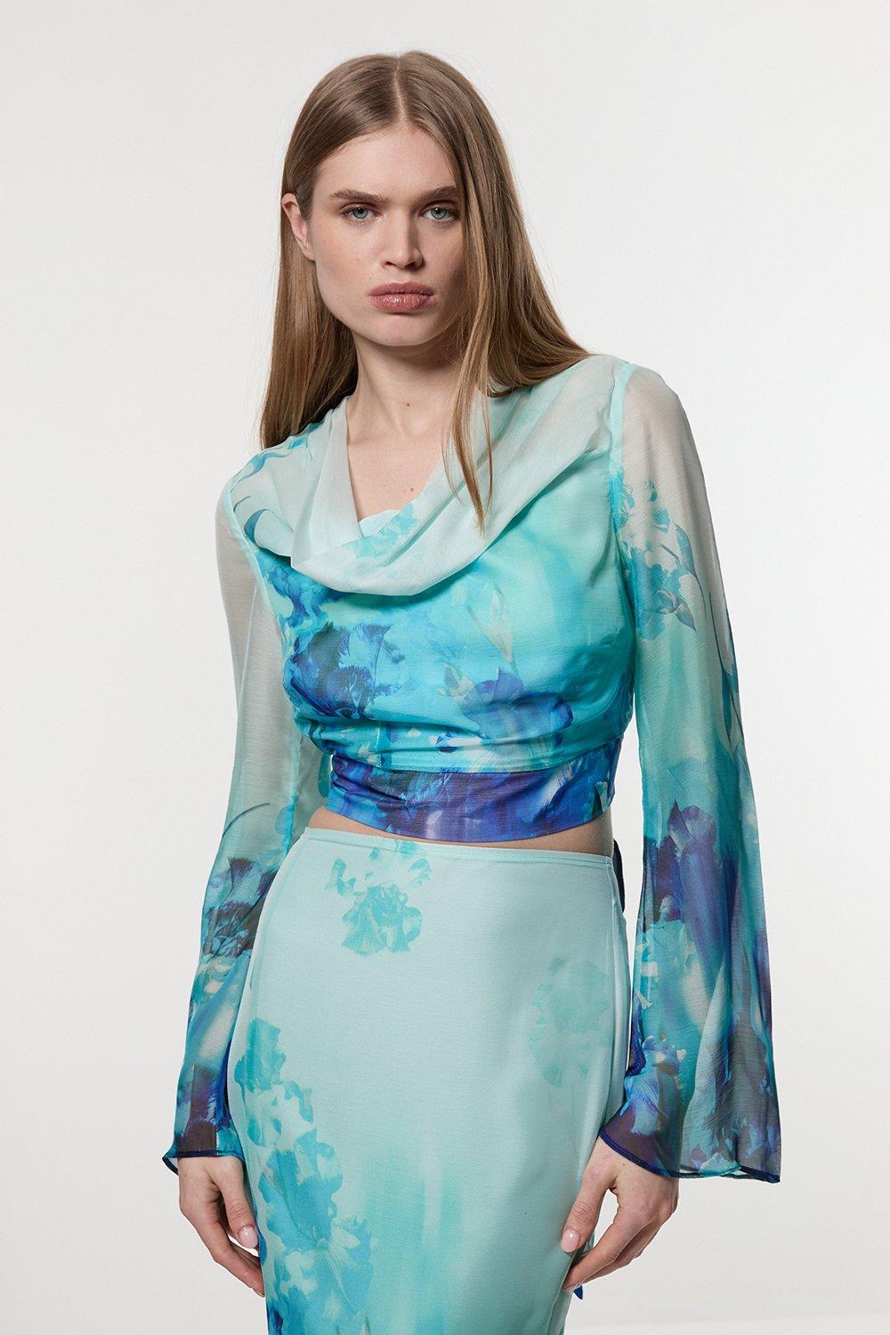 Floral Print Long Sleeve Funnel Neck Mesh Top | Karen Millen