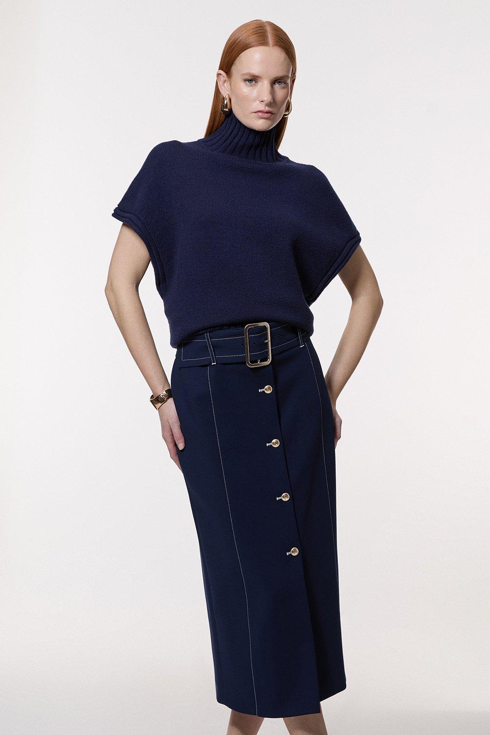 Linen Nautical Button Detail Midi Skirt | Karen Millen