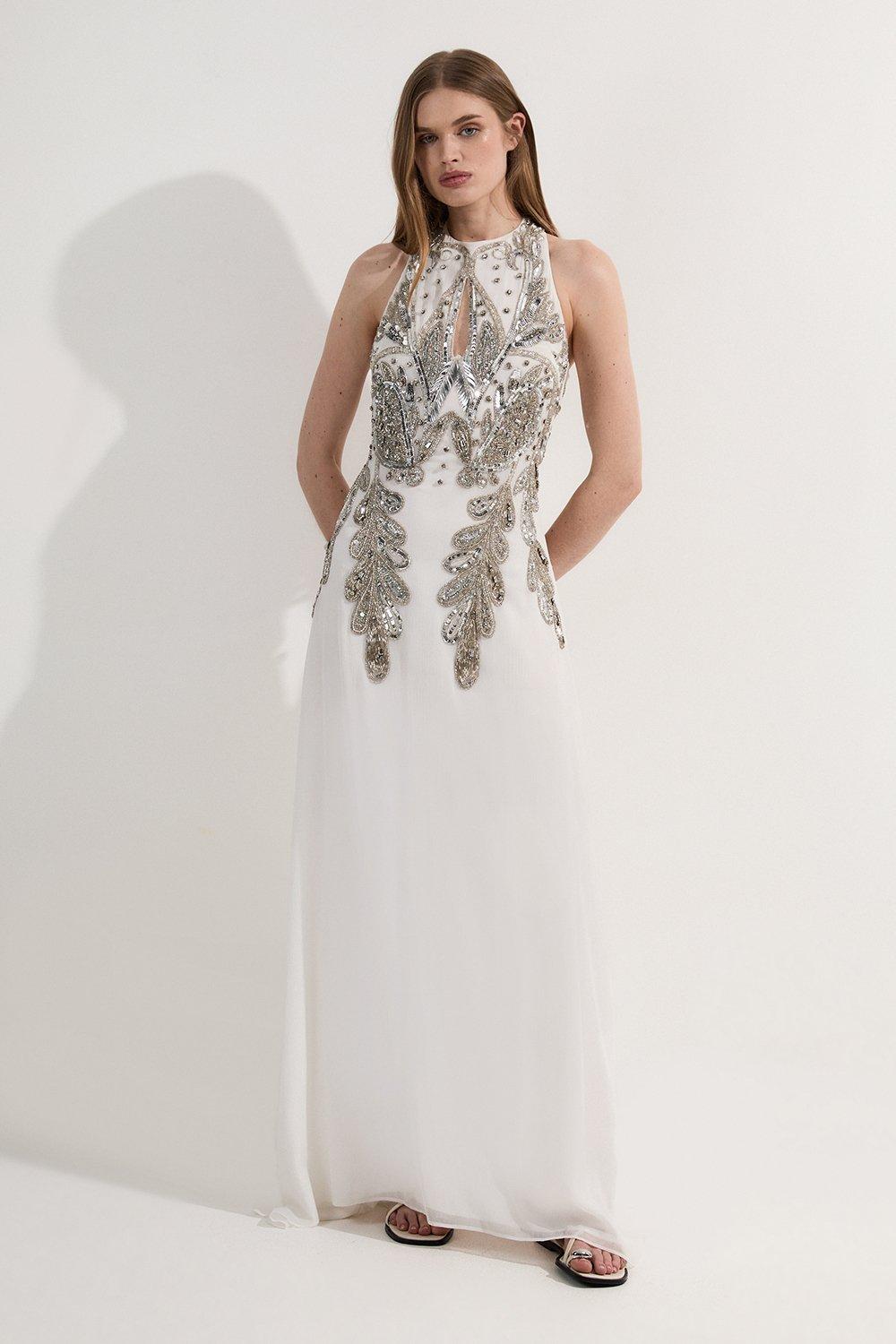 Petite Premium Crystal Powershoulder Embellished Woven Maxi
