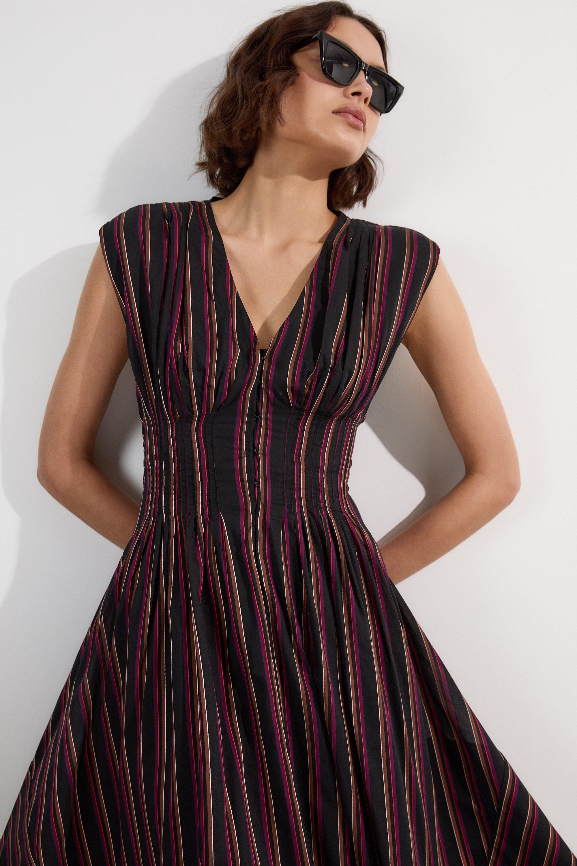 【Karen Millen】ストライプ トリム ボタンダウン シャツドレス Stripe Cotton Poplin Drama Sleeve Woven Wrap Detail Shirt