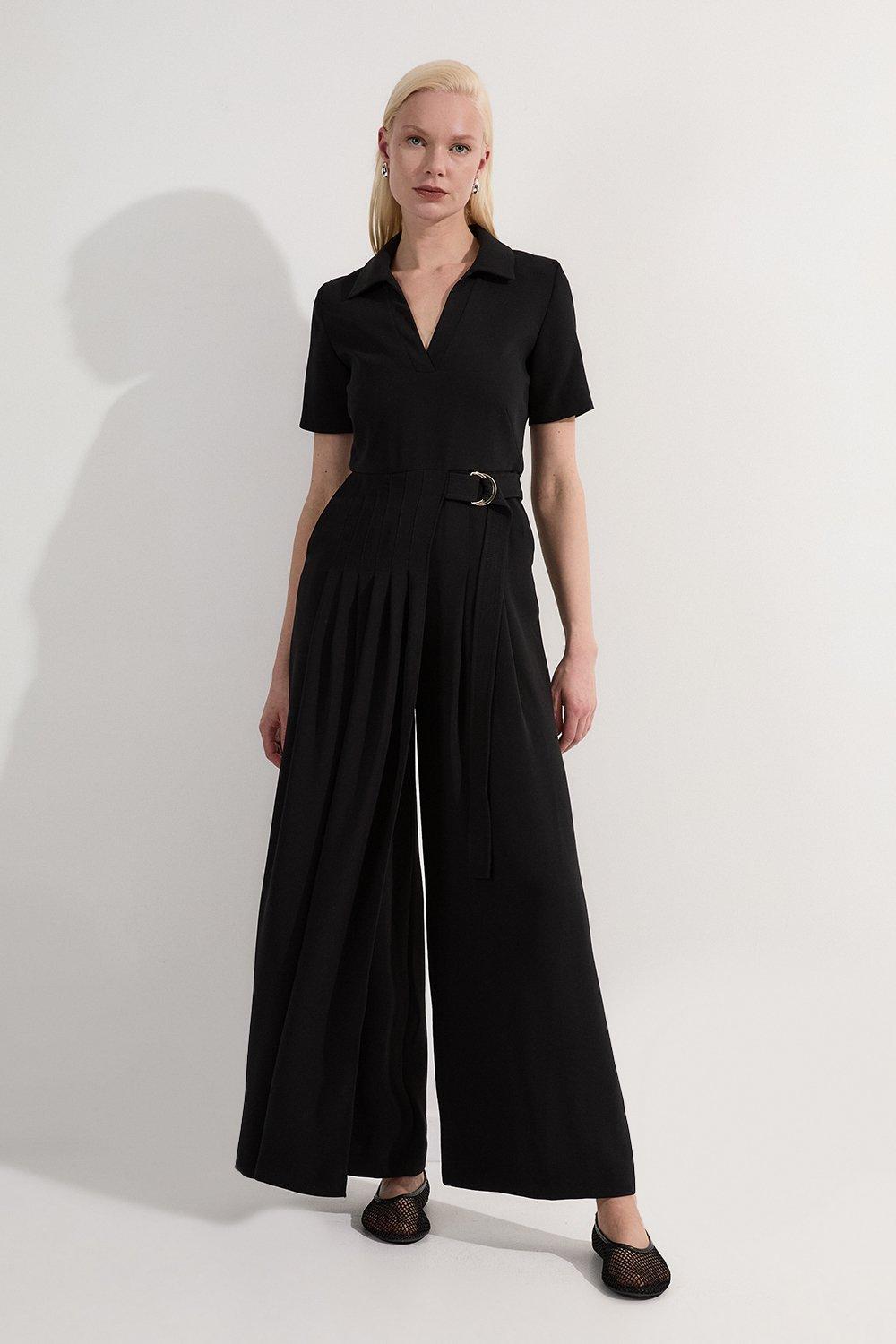 KAREN MILLEN ツインボタン オールインワン モノクロ パンツ Clean Tailored Off The Shoulder Jumpsuit | Karen Millen