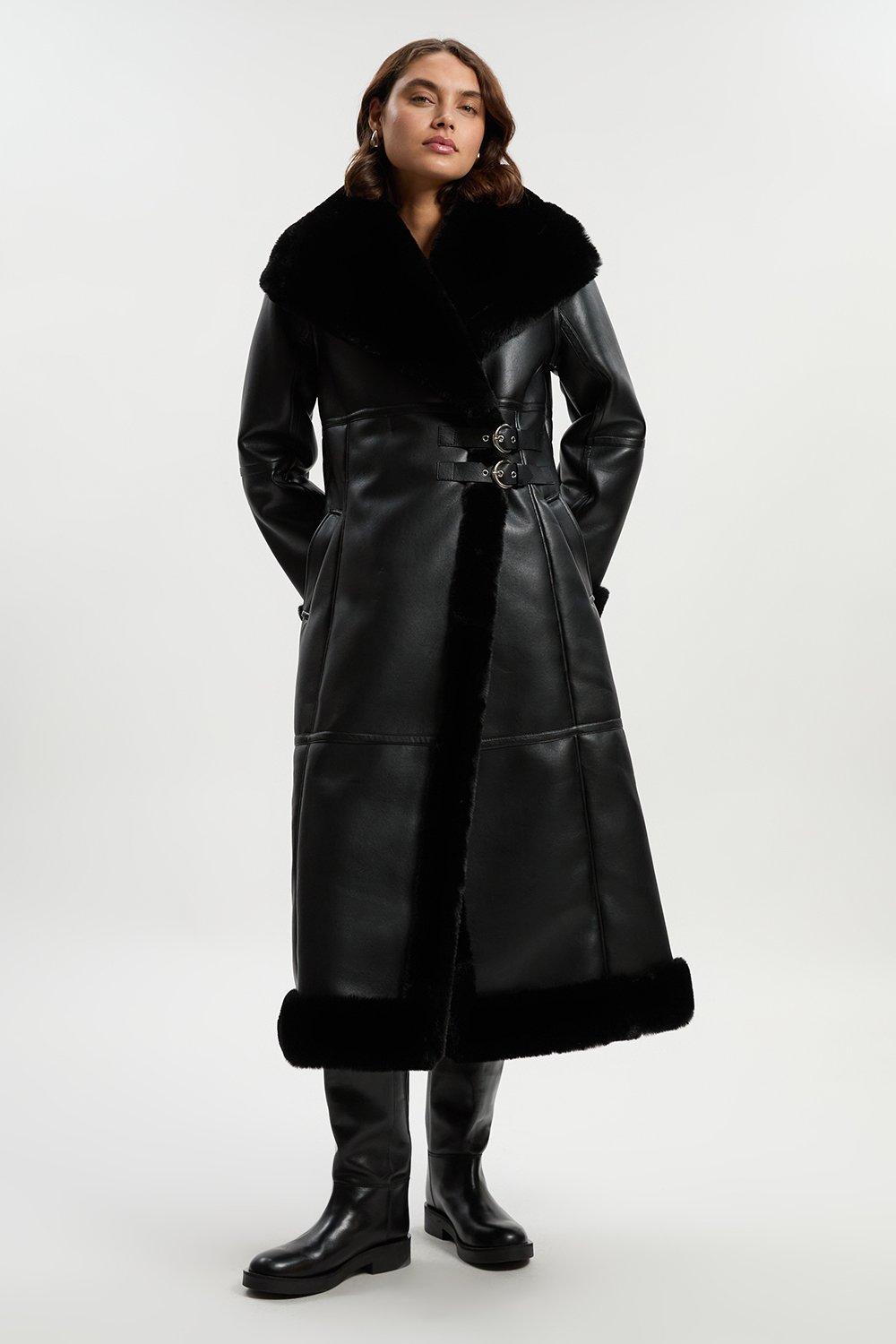 Faux Shearling Collar & Cuff Belted Short Coat | Karen Millen