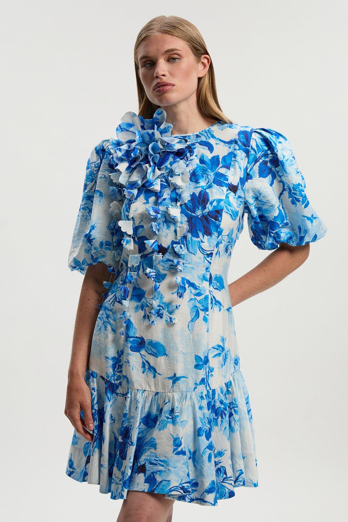 Blue Rose Print Pleated Mini Dress | Karen Millen