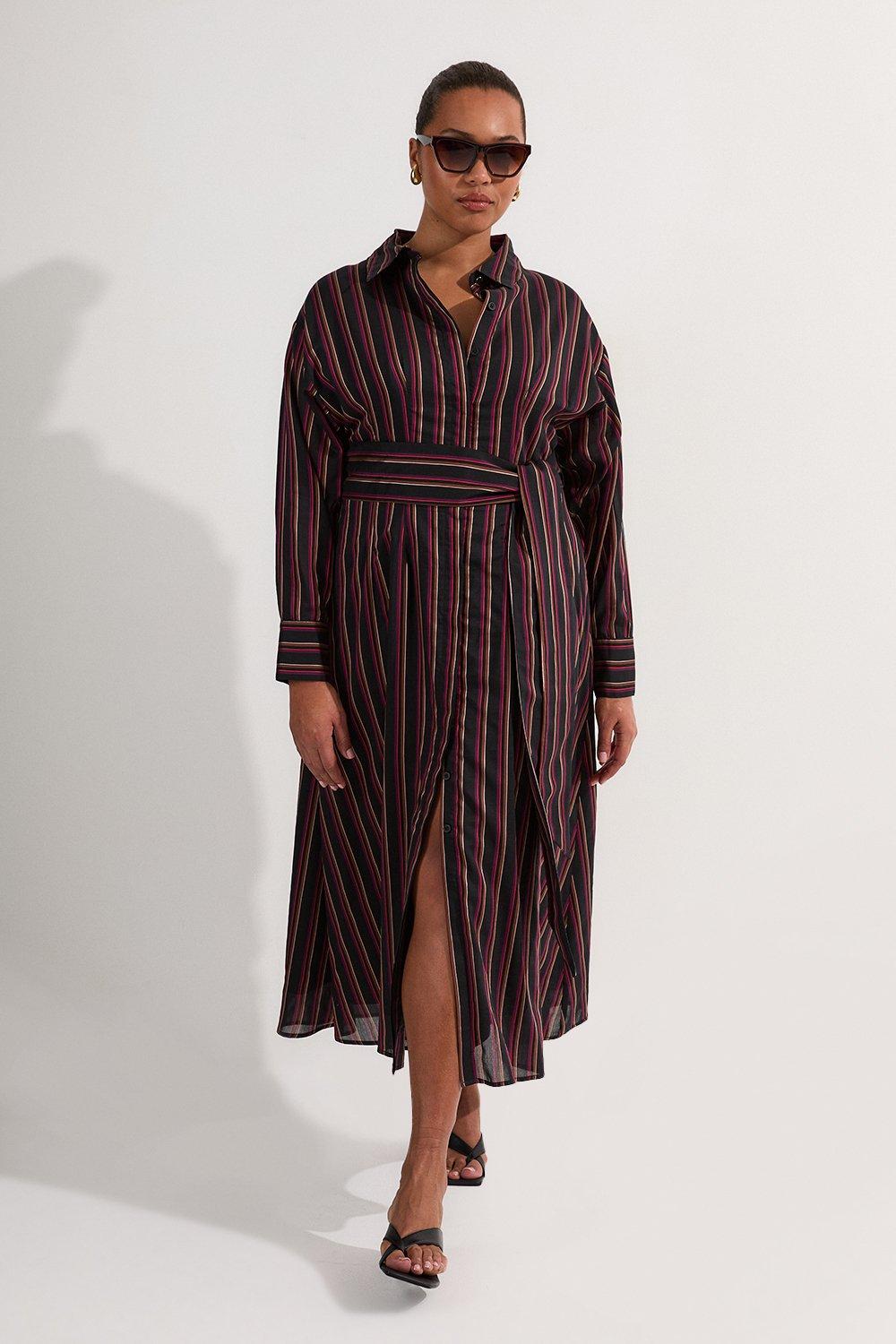 【Karen Millen】ストライプ コットン ロゼッタ シャツマキシ Stripe Cotton Woven Sleeveless Shirt Maxi Dress With Rosette