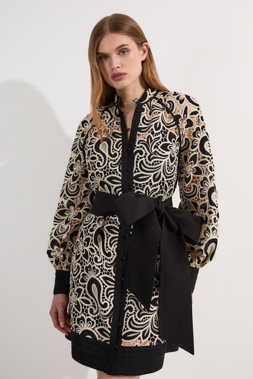 Long Sleeve Embellished Collar Mini Woven Dress | Karen Millen