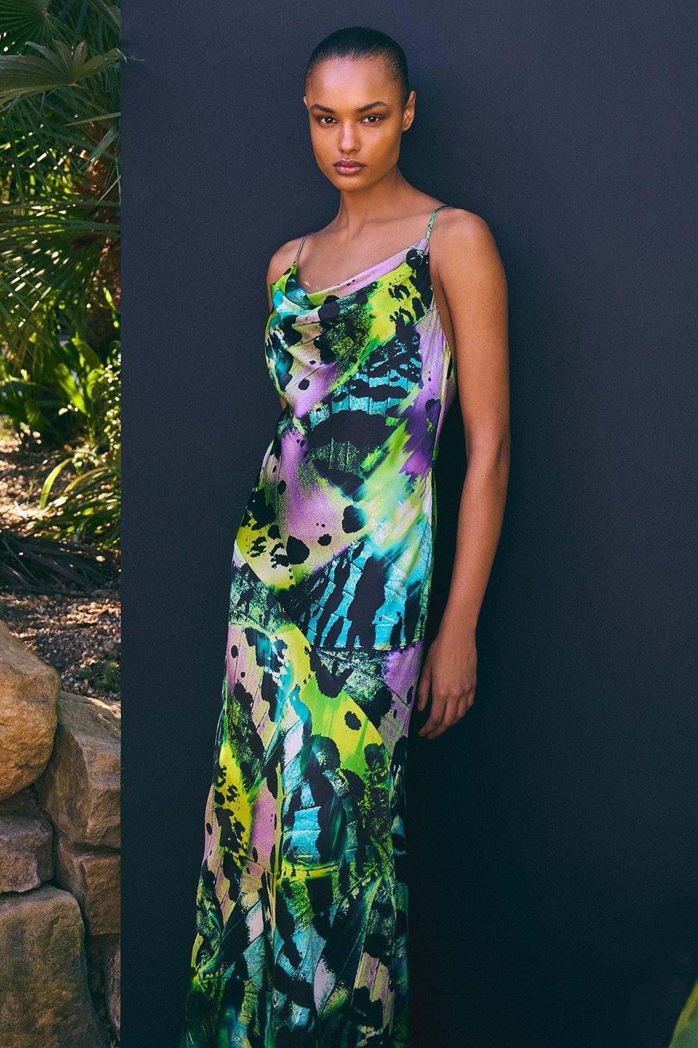 【KAREN MILLEN】 カラーブロック フルスカートニットドレス 2色 Petite Ombre Floral Soft Pleated One Shoulder Maxi Dress