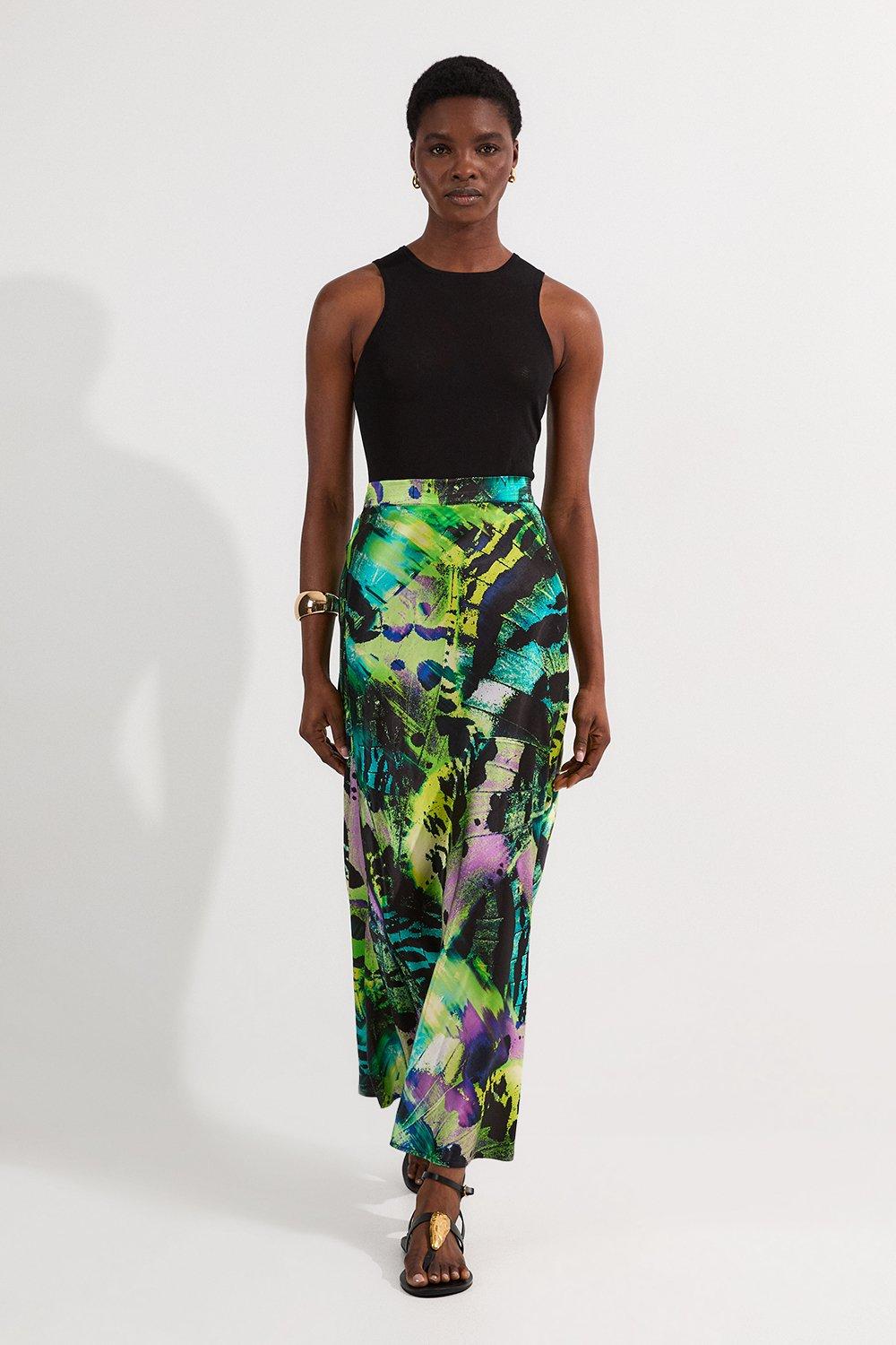 【Karen Millen】コットン ポプリン コルセット ウーブン マキシ Ombre Floral Woven Crinkle Maxi Skirt | Karen Millen