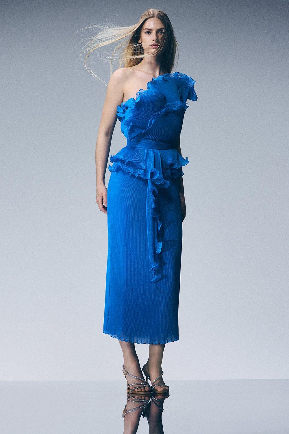 【Karen Millen】フローラル ディアマンテ プリーツドレス Floral Diamante Enamel Trim Woven Pleated Long Sleeve Maxi