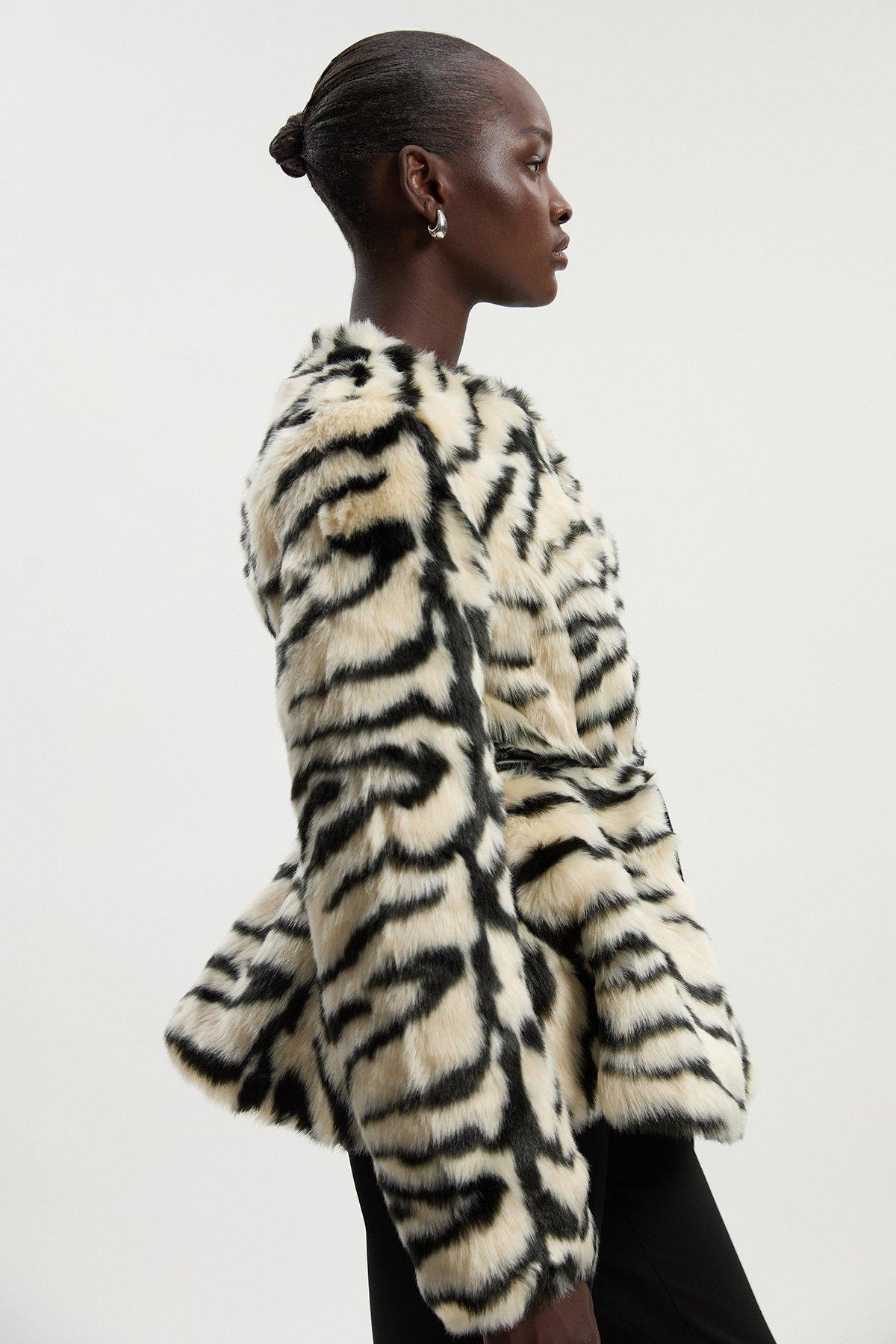Plus Size Panelled Stripe Faux Fur Pu Belted Long Coat