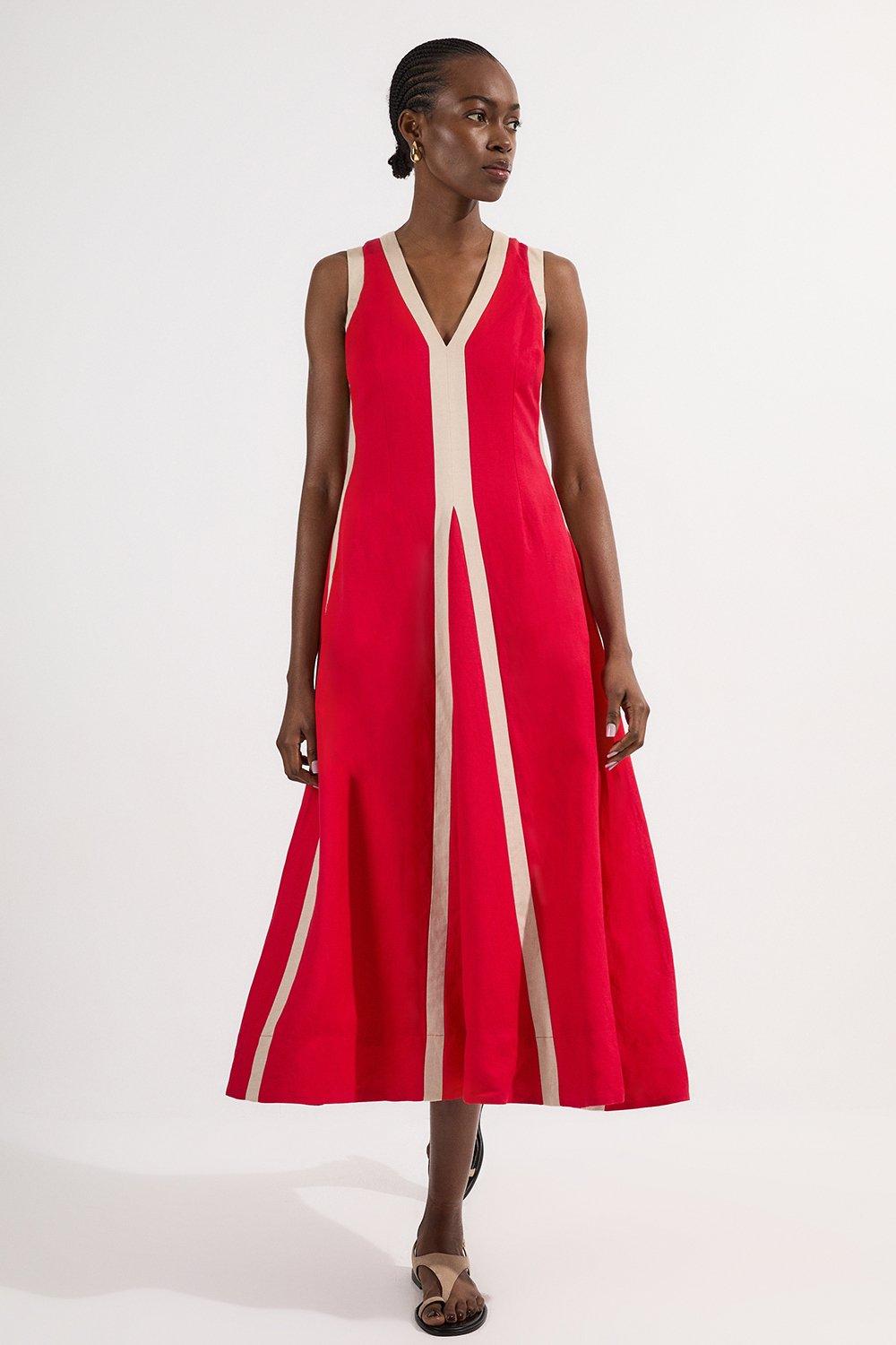 【Karen Millen】日本未入荷☆コットン ノースリーブ ドレス Premium Linen V Neck Wrap Detail Woven Midi Dress | Karen Millen