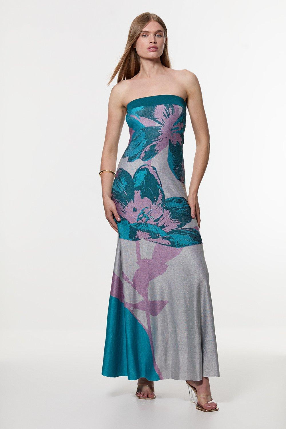 Slinky Knit Mirrored Jacquard Geo Chain Strap Maxi Dress