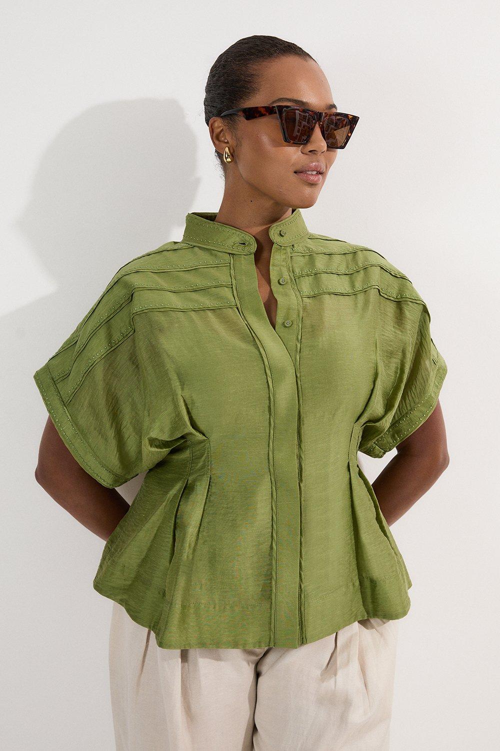 Organdie Pintuck Longline Woven Shirt With Tab Detail
