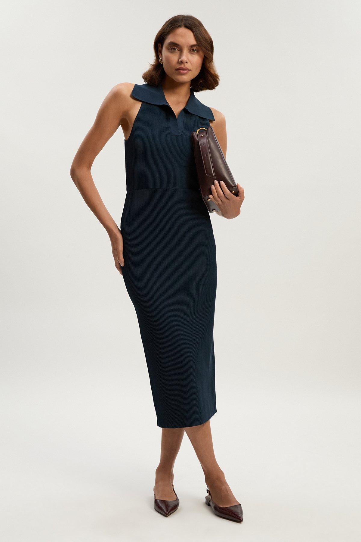 Slinky Knit Mirrored Jacquard Geo Chain Strap Maxi Dress